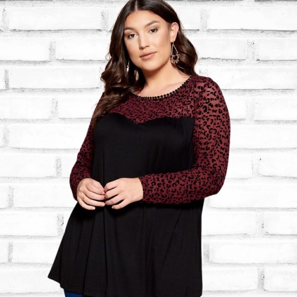Plus Size Animal Print Mesh Long Sleeve Top